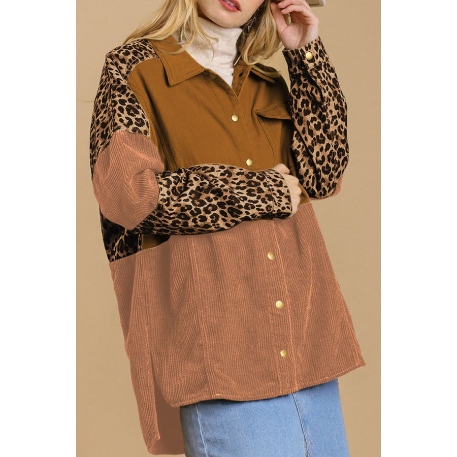 High-Low Leopard Snap Down Shacket Caramel / S Apparel and Accessories