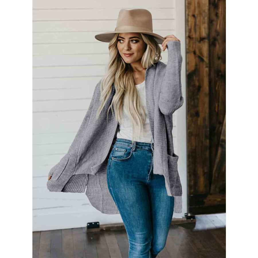 High-Low Open Front Cardigan with Pockets Charcoal / S