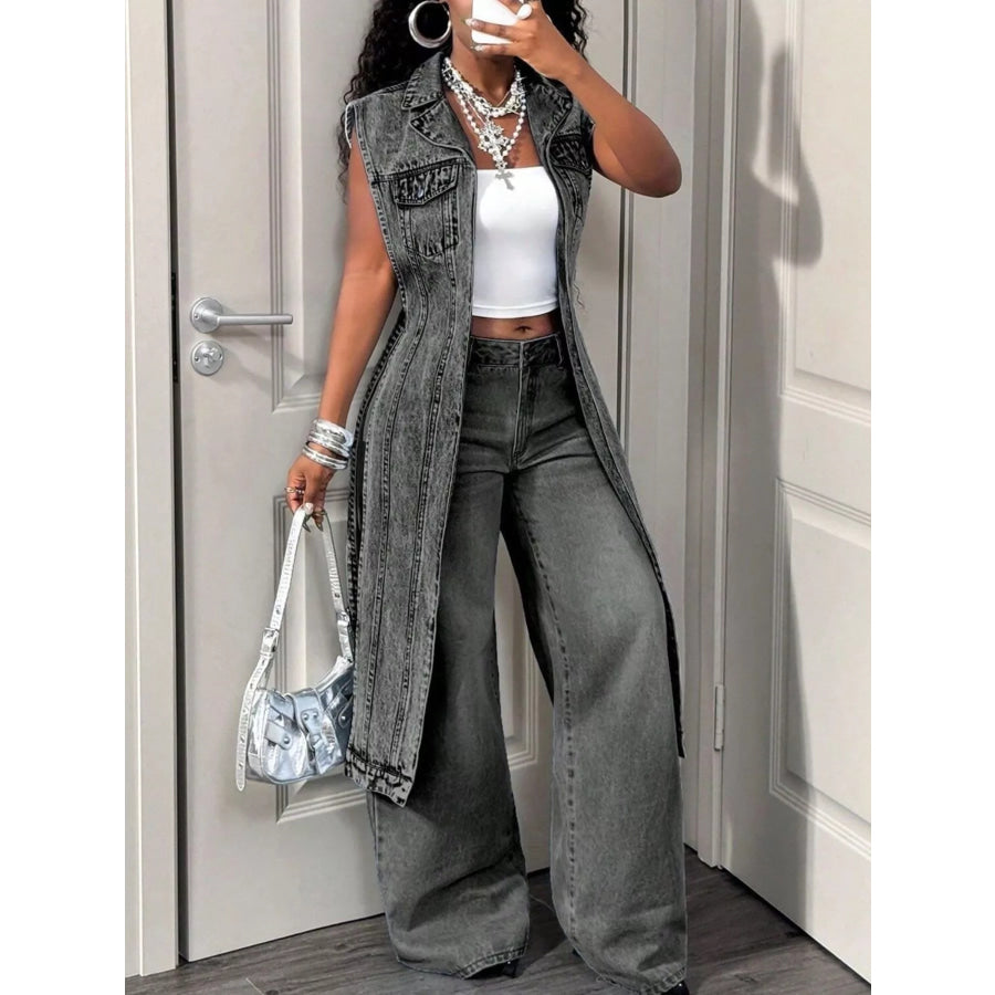 High-Low Open Front Denim Vest Gray / XS Apparel and Accessories