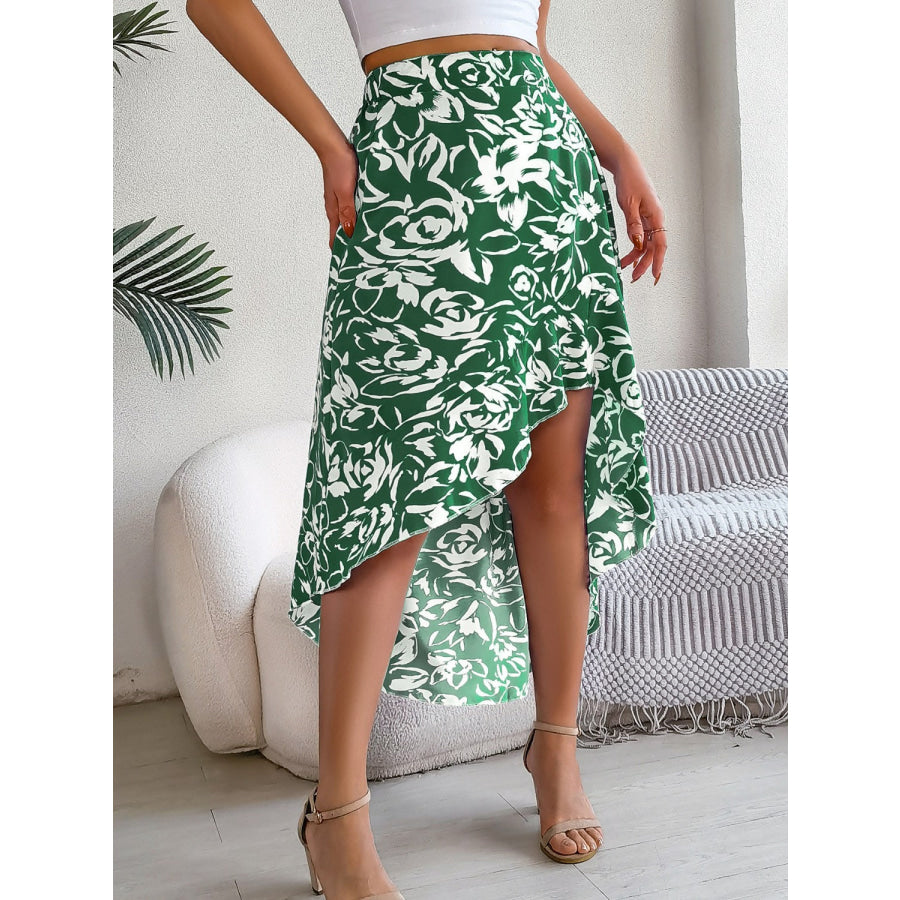 High-Low Printed High Waist Skirt Dark Green / S Bottoms