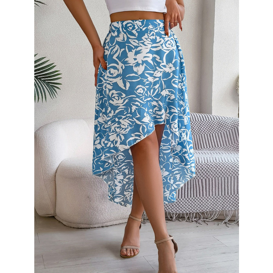 High-Low Printed High Waist Skirt Pastel Blue / S Bottoms