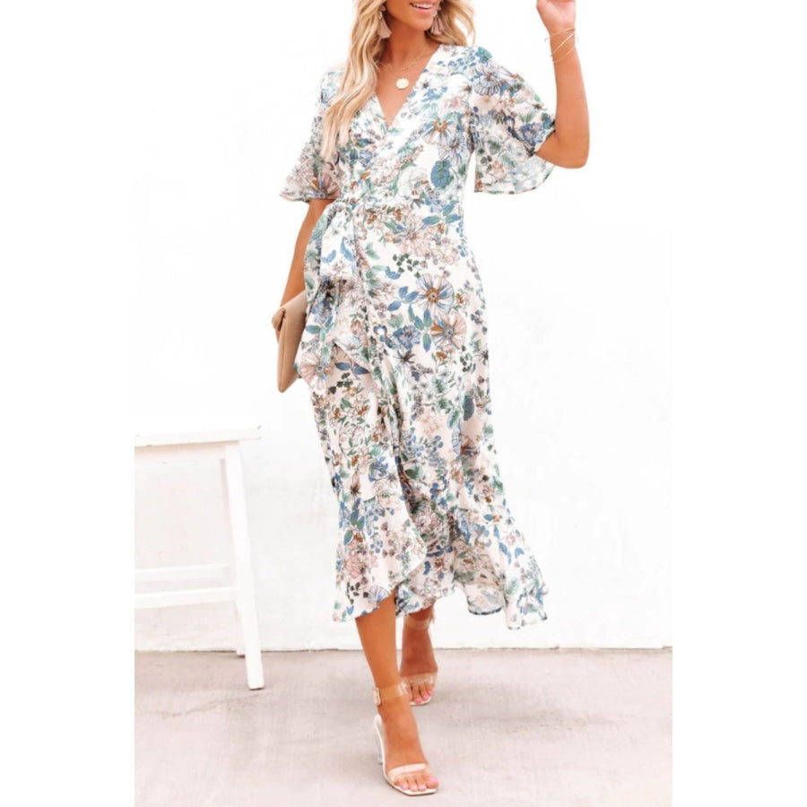 High - Low Printed Surplice Flutter Sleeve Midi Dress Apparel and Accessories