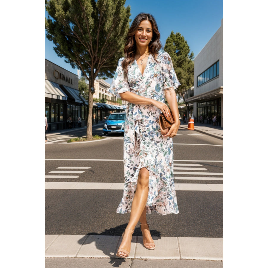 High - Low Printed Surplice Flutter Sleeve Midi Dress Floral / S Apparel and Accessories
