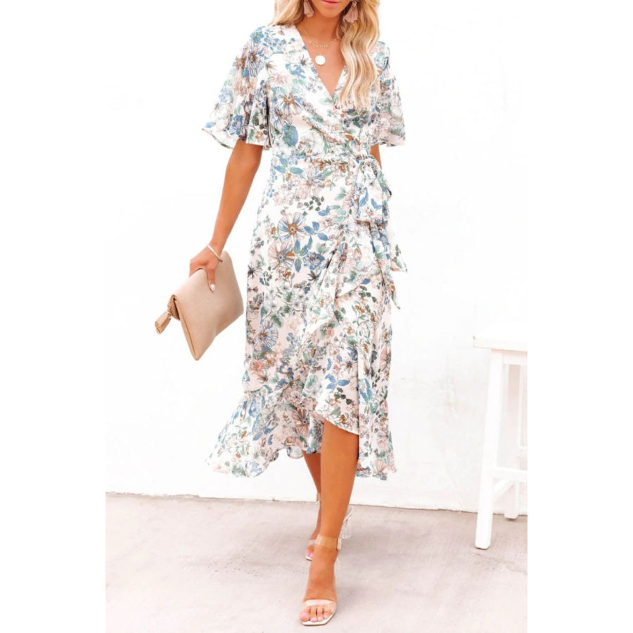 High - Low Printed Surplice Flutter Sleeve Midi Dress Apparel and Accessories