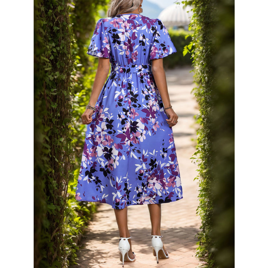 High - Low Printed Surplice Short Sleeve Midi Dress Apparel and Accessories