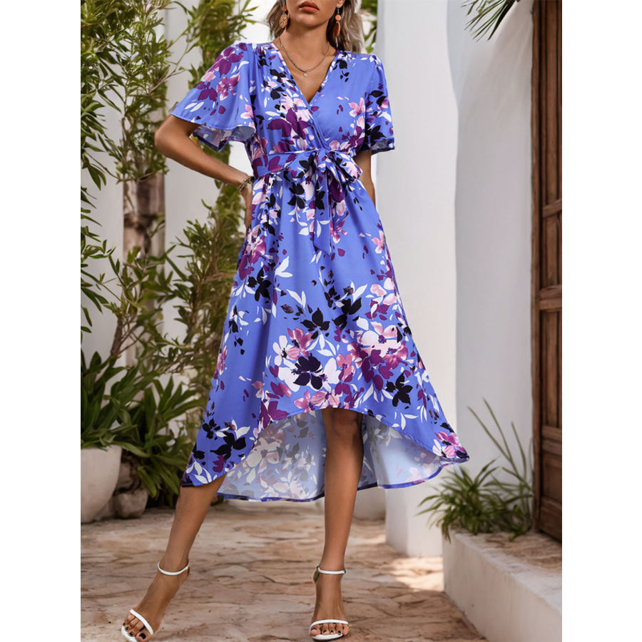 High - Low Printed Surplice Short Sleeve Midi Dress Apparel and Accessories