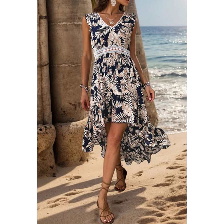 High-Low Printed V-Neck Cap Sleeve Midi Dress Apparel and Accessories