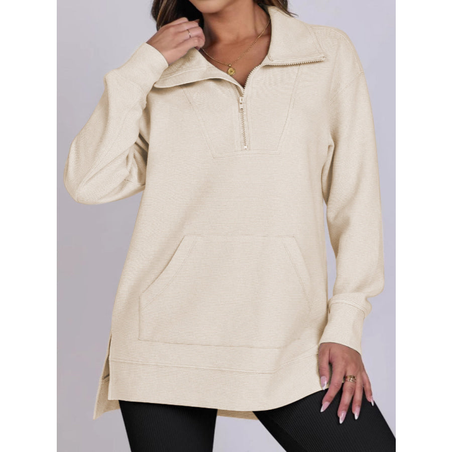 ฺHigh-Low Quarter Zip Long Sleeve Sweatshirt Beige / S Apparel and Accessories