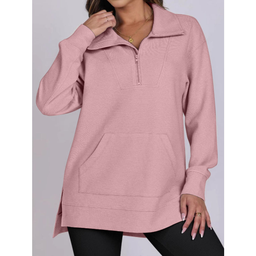 ฺHigh-Low Quarter Zip Long Sleeve Sweatshirt Blush Pink / S Apparel and Accessories