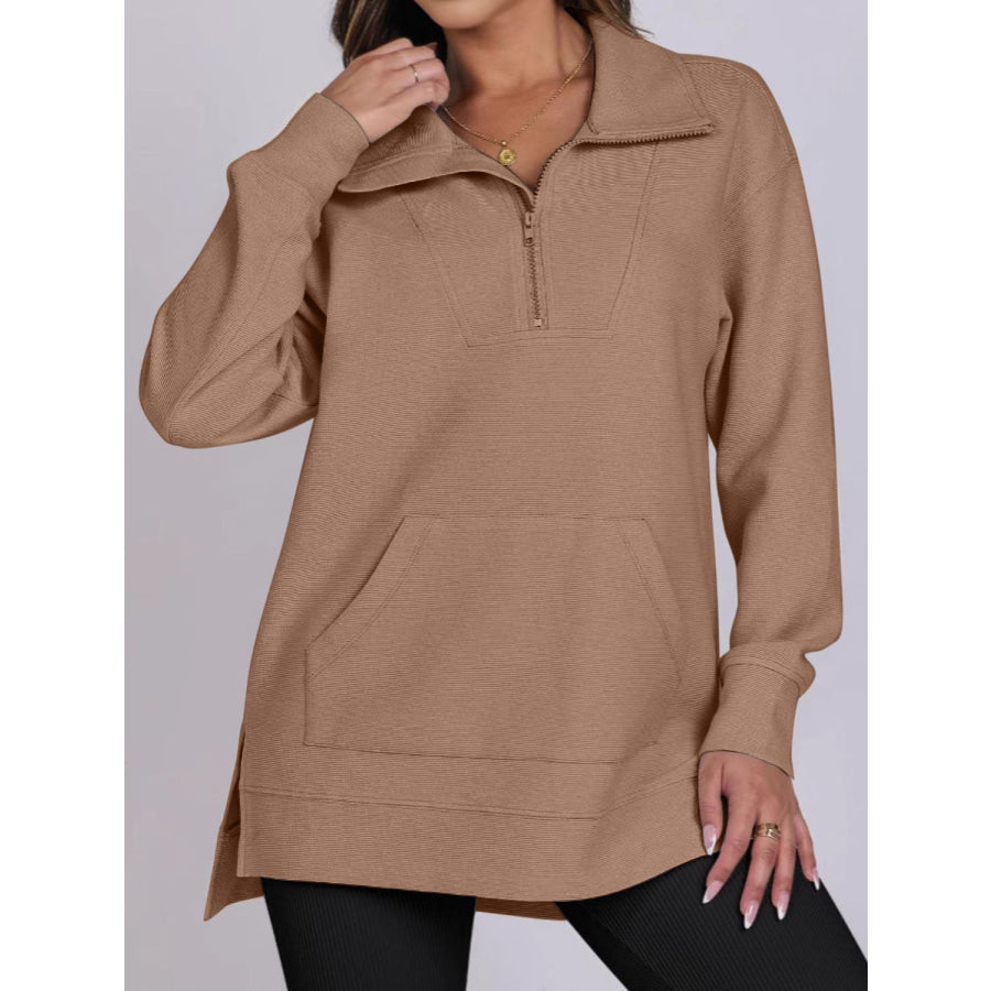 ฺHigh-Low Quarter Zip Long Sleeve Sweatshirt Camel / S Apparel and Accessories