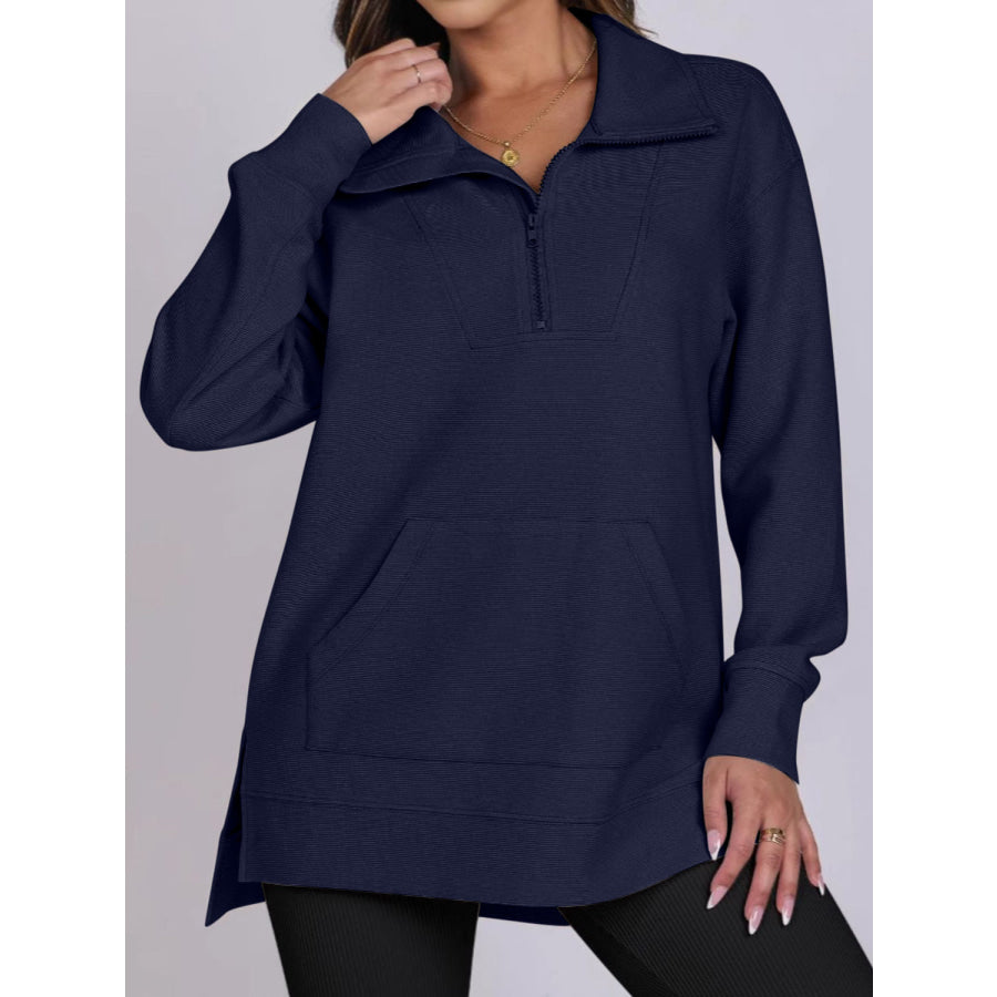 ฺHigh-Low Quarter Zip Long Sleeve Sweatshirt Dark Blue / S Apparel and Accessories