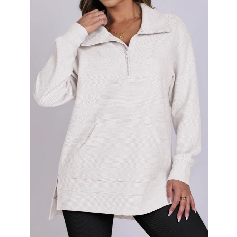 ฺHigh-Low Quarter Zip Long Sleeve Sweatshirt White / S Apparel and Accessories