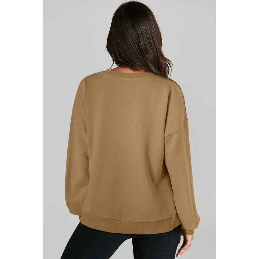 High-Low Round Neck Long Sleeve Sweatshirt Camel / S Apparel and Accessories