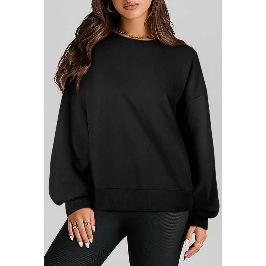 High-Low Round Neck Long Sleeve Sweatshirt Black / S Apparel and Accessories