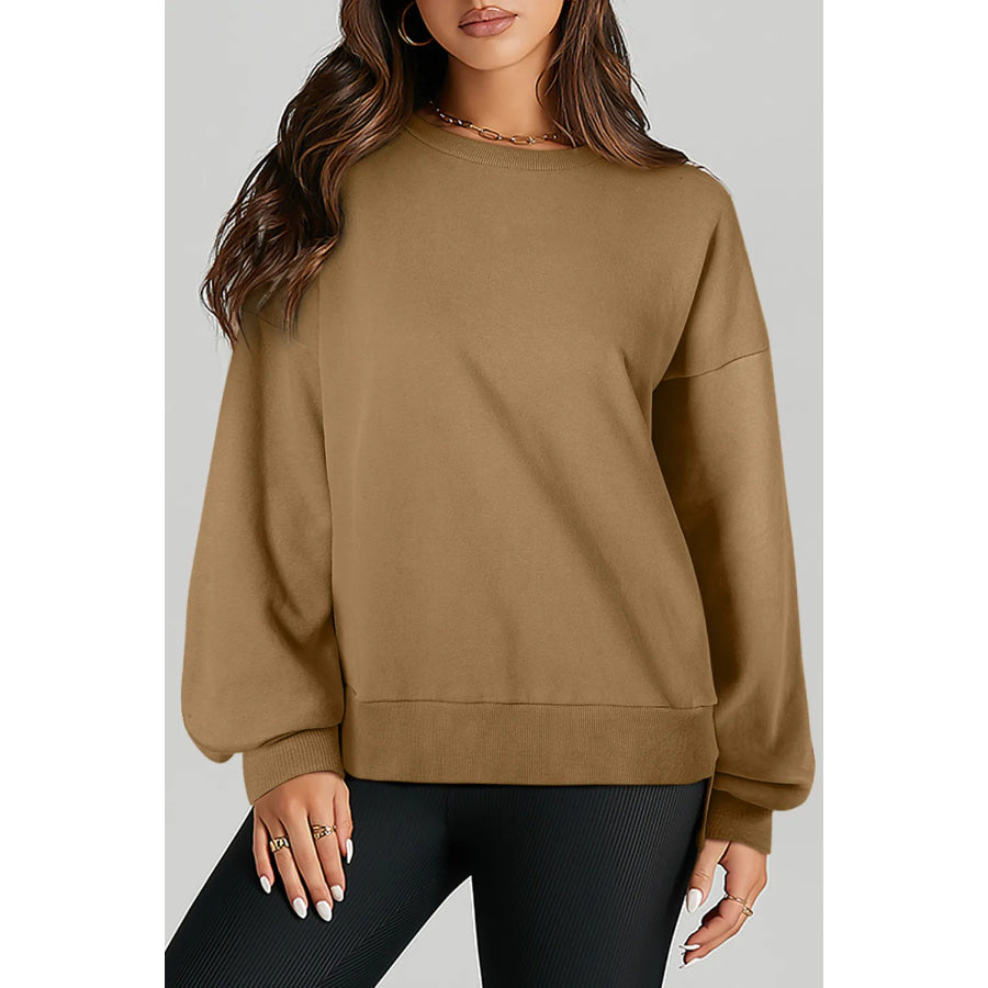 High-Low Round Neck Long Sleeve Sweatshirt Camel / S Apparel and Accessories