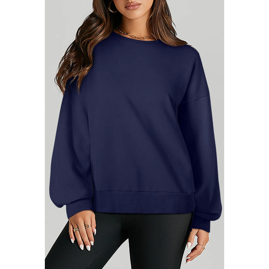 High-Low Round Neck Long Sleeve Sweatshirt Dark Navy / S Apparel and Accessories