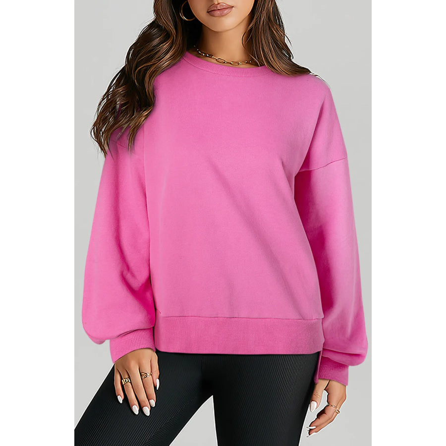 High-Low Round Neck Long Sleeve Sweatshirt Fuchsia Pink / S Apparel and Accessories