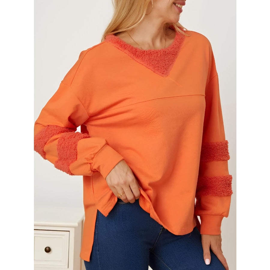 High-Low Round Neck Long Sleeve Sweatshirt Orange / S Apparel and Accessories