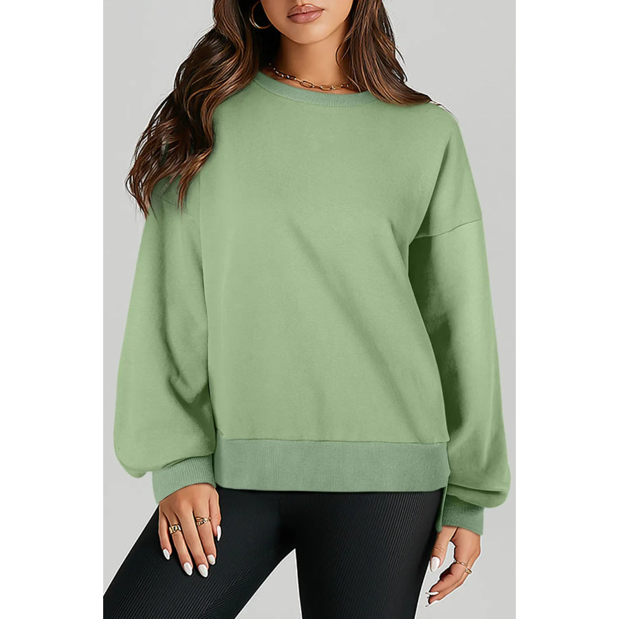 High-Low Round Neck Long Sleeve Sweatshirt Sage / S Apparel and Accessories