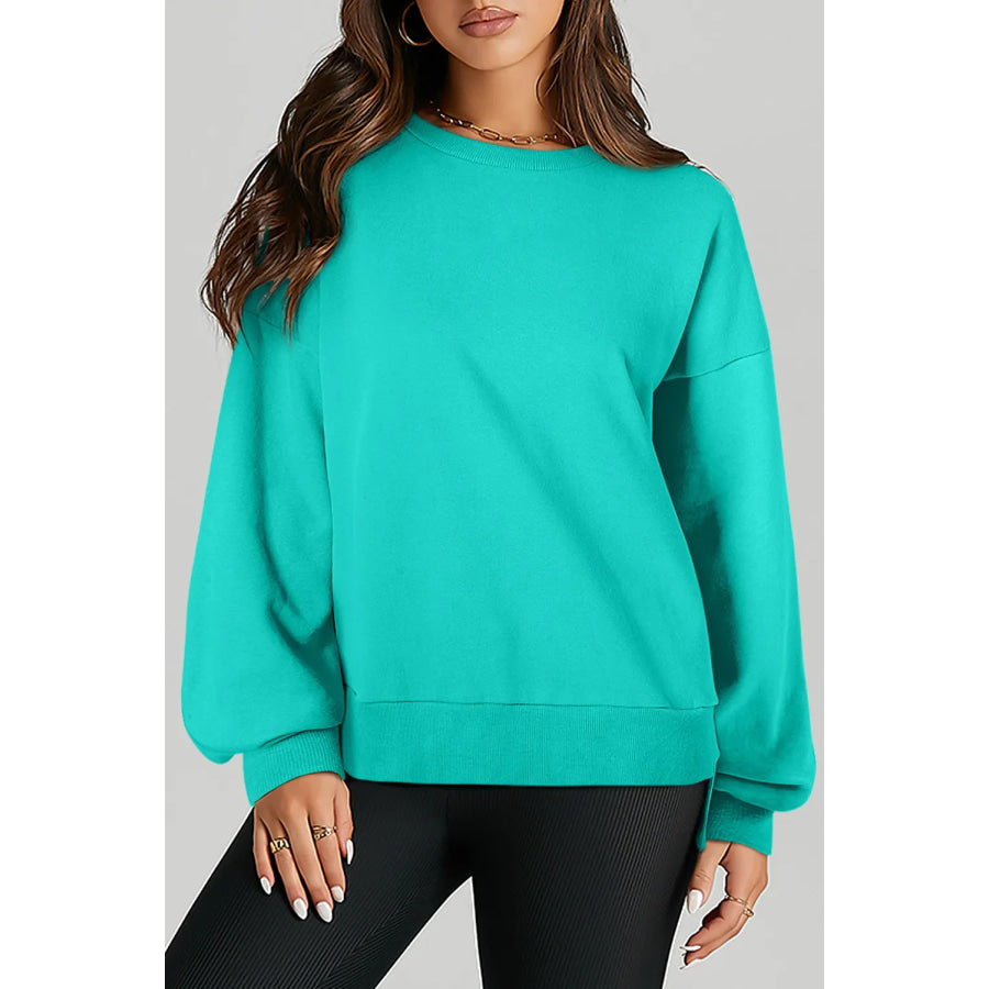 High-Low Round Neck Long Sleeve Sweatshirt Turquoise / S Apparel and Accessories