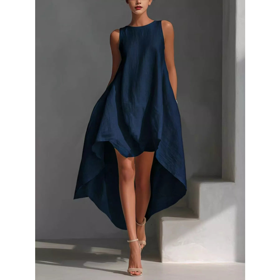 High-Low Round Neck Sleeveless Dress Dark Navy / S Apparel and Accessories