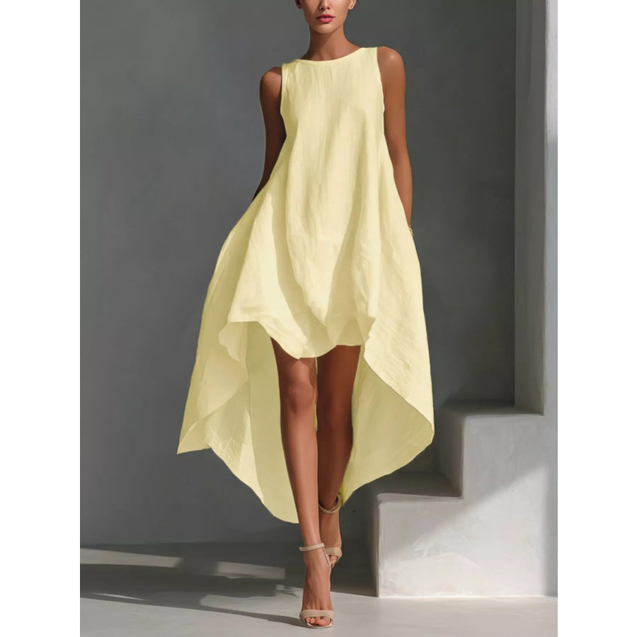 High-Low Round Neck Sleeveless Dress Pastel Yellow / S Apparel and Accessories