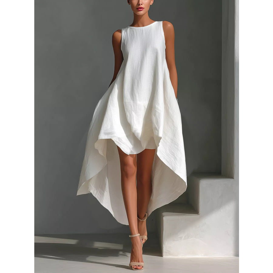 High-Low Round Neck Sleeveless Dress White / S Apparel and Accessories