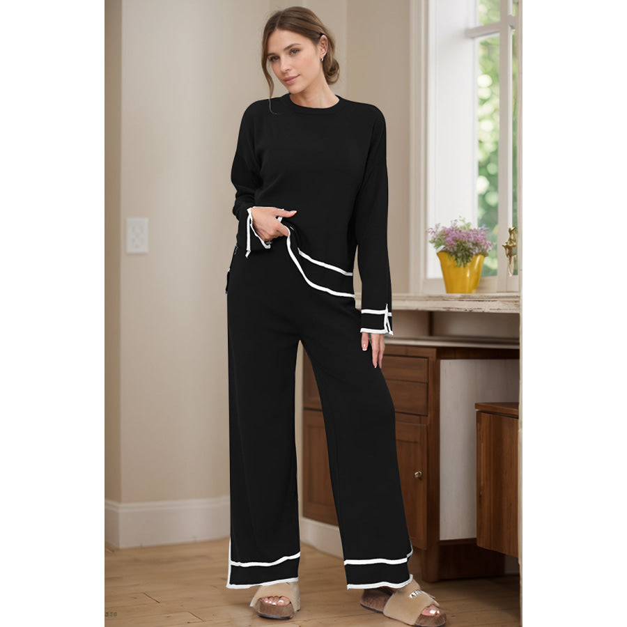 High-Low Round Neck Top and Pants Sweater Set Black / One Size Apparel and Accessories