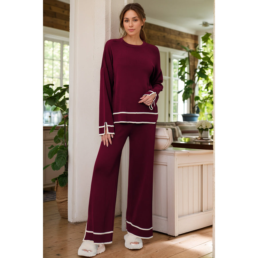 High-Low Round Neck Top and Pants Sweater Set Burgundy / One Size Apparel and Accessories