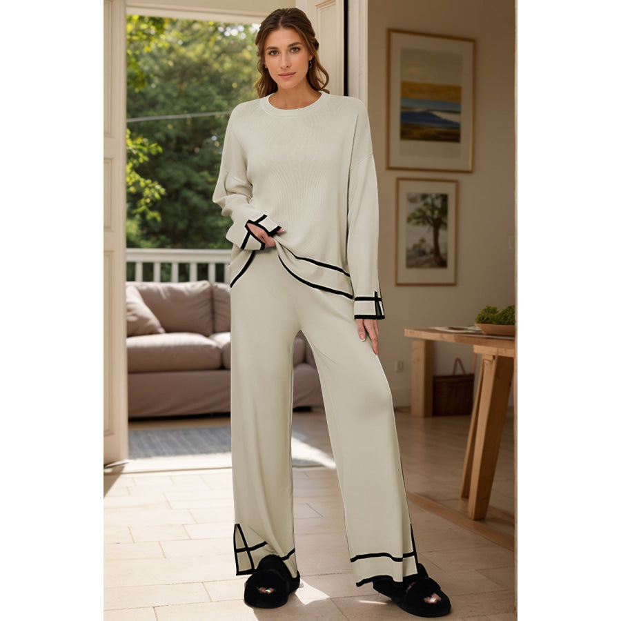 High-Low Round Neck Top and Pants Sweater Set Cream / One Size Apparel and Accessories