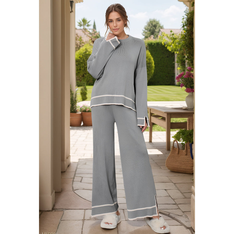 High-Low Round Neck Top and Pants Sweater Set Gray / One Size Apparel and Accessories