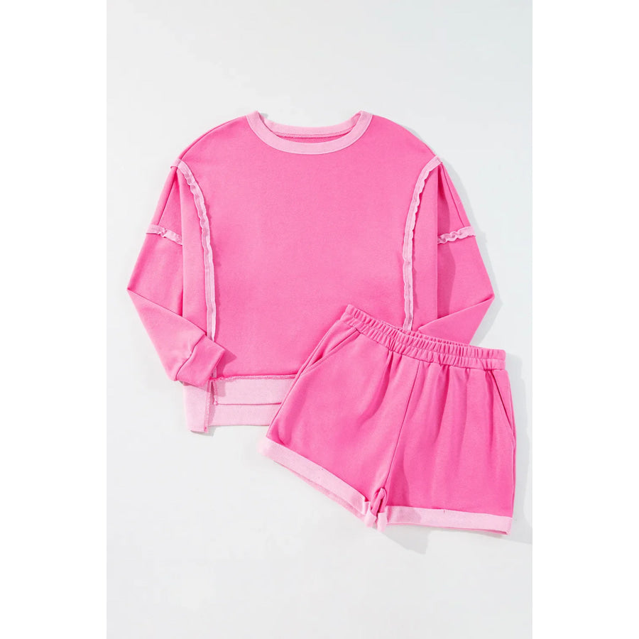 High-Low Round Neck Top and Shorts Set Fuchsia Pink / S Apparel and Accessories