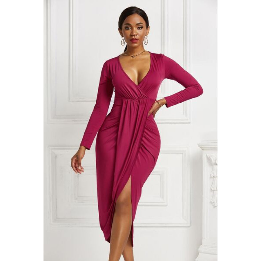 High - low Ruched Surplice Long Sleeve Dress Clothing