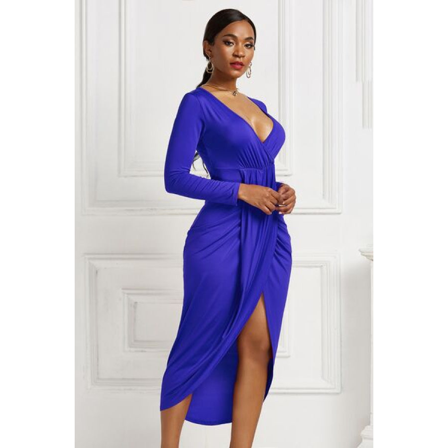 High - low Ruched Surplice Long Sleeve Dress Clothing