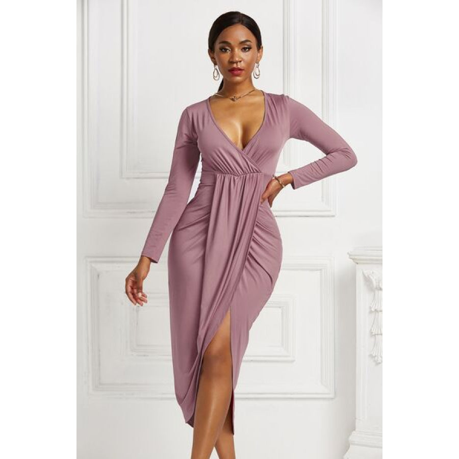 High - low Ruched Surplice Long Sleeve Dress Clothing