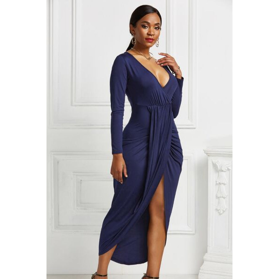 High - low Ruched Surplice Long Sleeve Dress Clothing