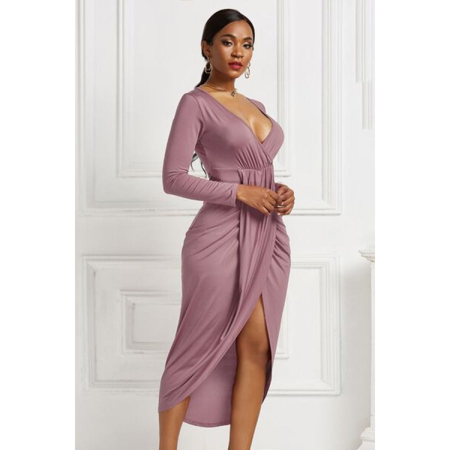 High - low Ruched Surplice Long Sleeve Dress Clothing