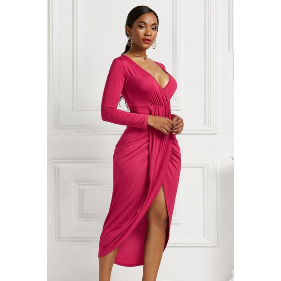 High - low Ruched Surplice Long Sleeve Dress Clothing