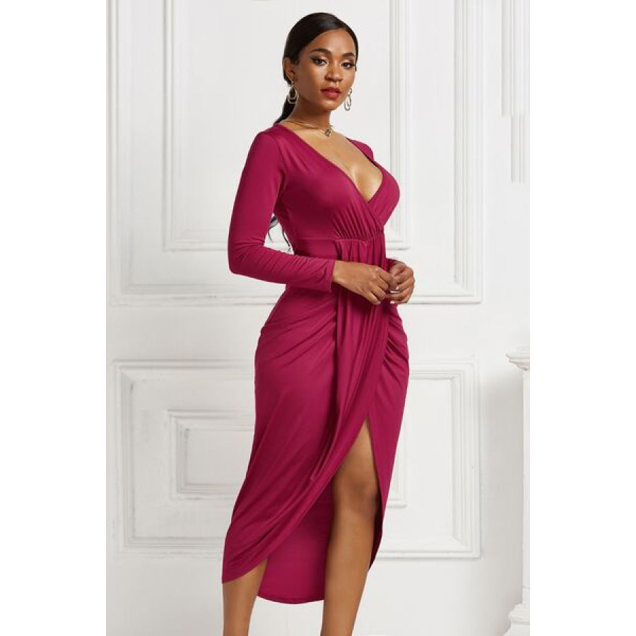 High - low Ruched Surplice Long Sleeve Dress Clothing