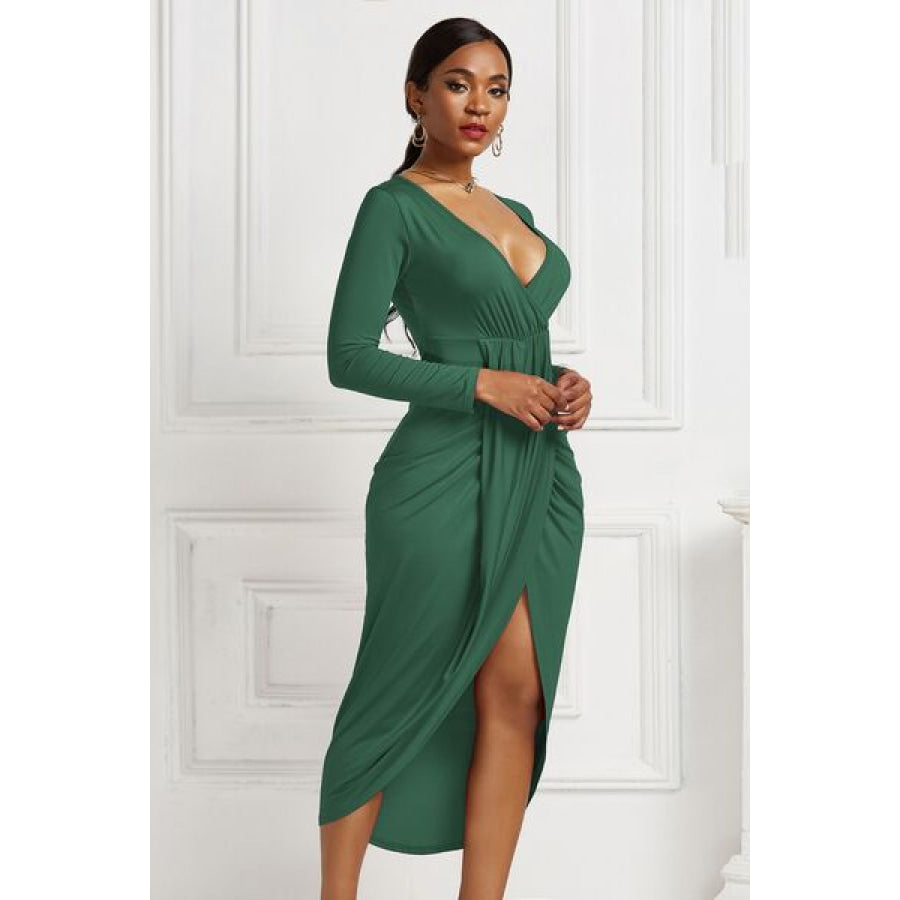 High - low Ruched Surplice Long Sleeve Dress Clothing