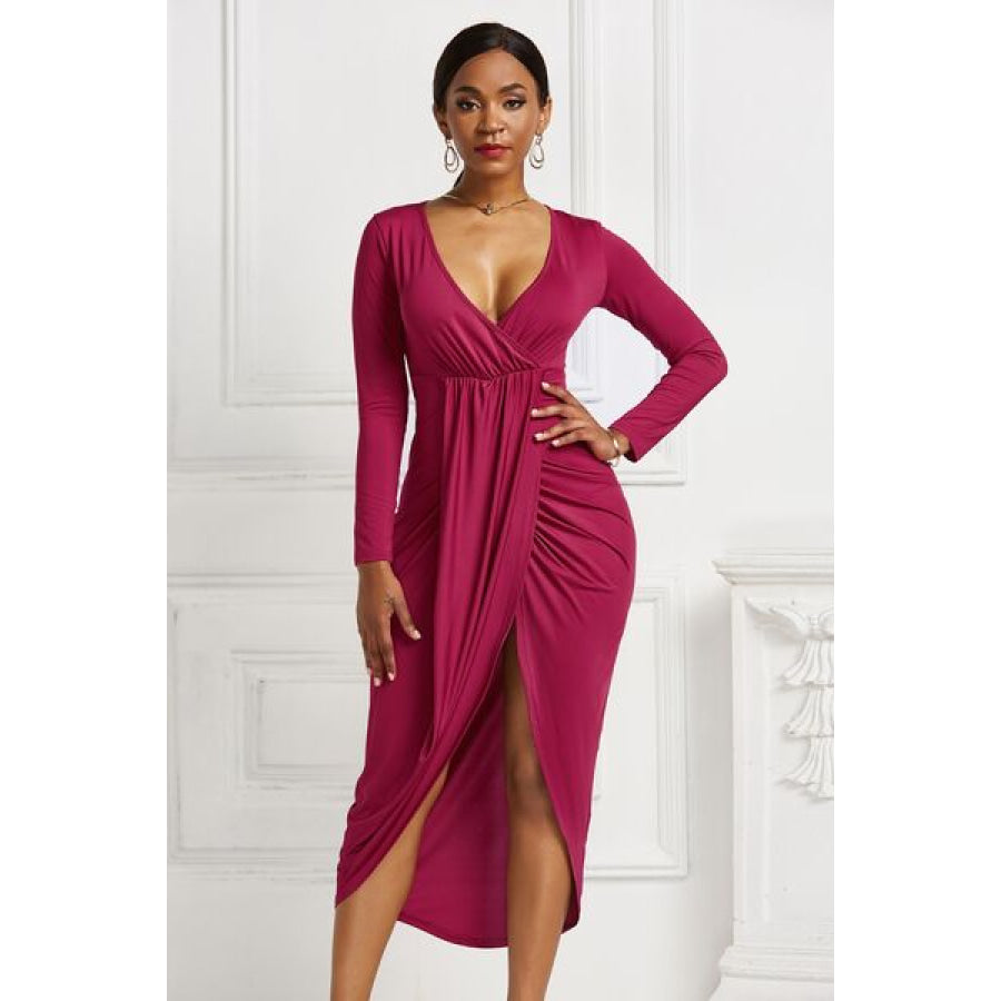 High - low Ruched Surplice Long Sleeve Dress Deep Rose / S Clothing