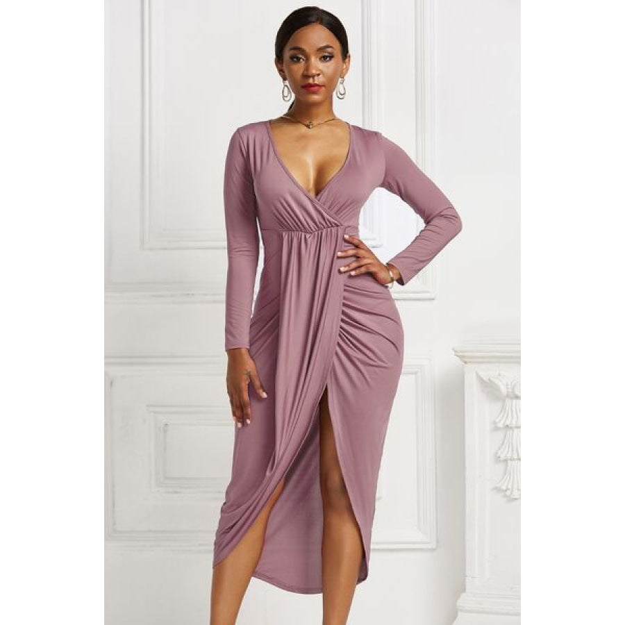 High - low Ruched Surplice Long Sleeve Dress Dusty Pink / S Clothing