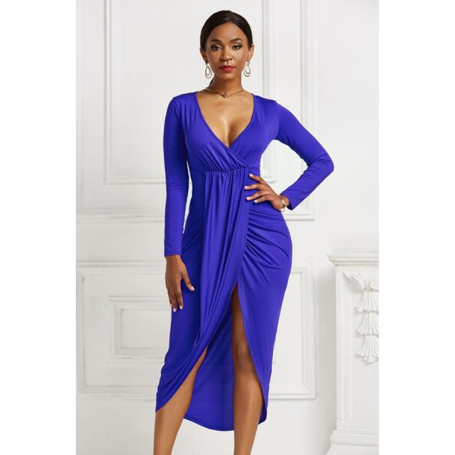 High - low Ruched Surplice Long Sleeve Dress Royal Blue / S Clothing