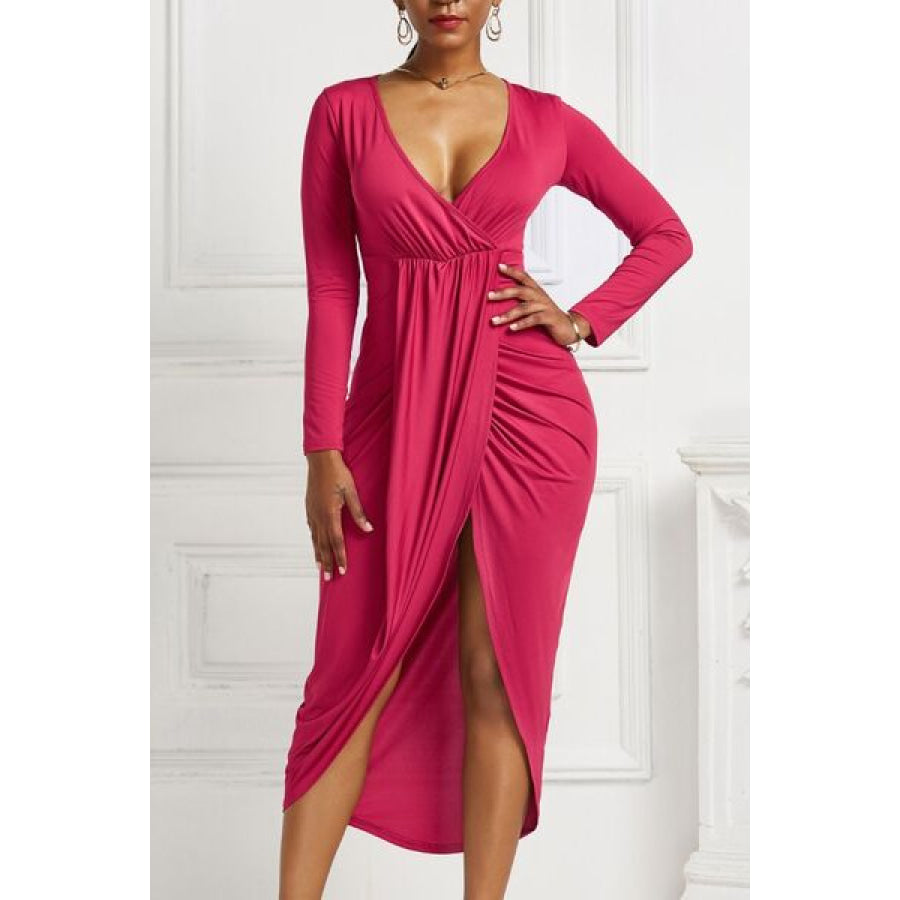 High - low Ruched Surplice Long Sleeve Dress Strawberry / S Clothing