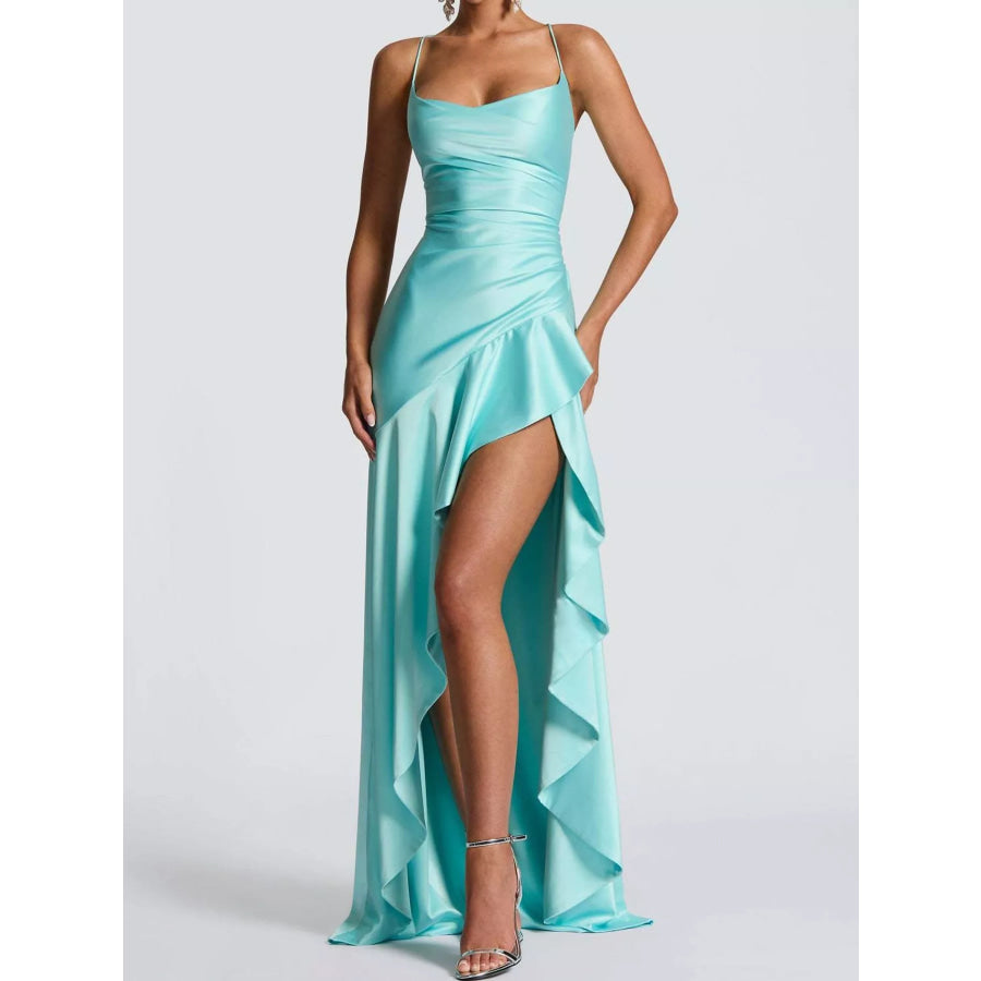 High-Low Ruffle Hem Evening Dress Azure Blue / S Apparel and Accessories