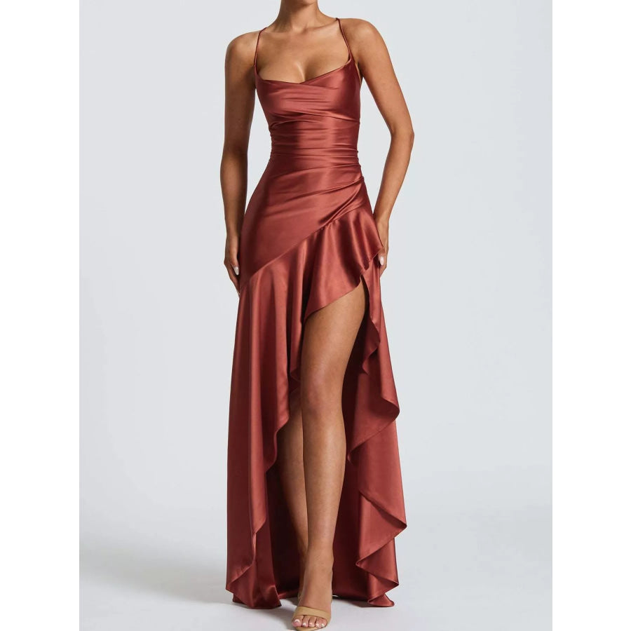 High-Low Ruffle Hem Evening Dress Brick Red / S Apparel and Accessories