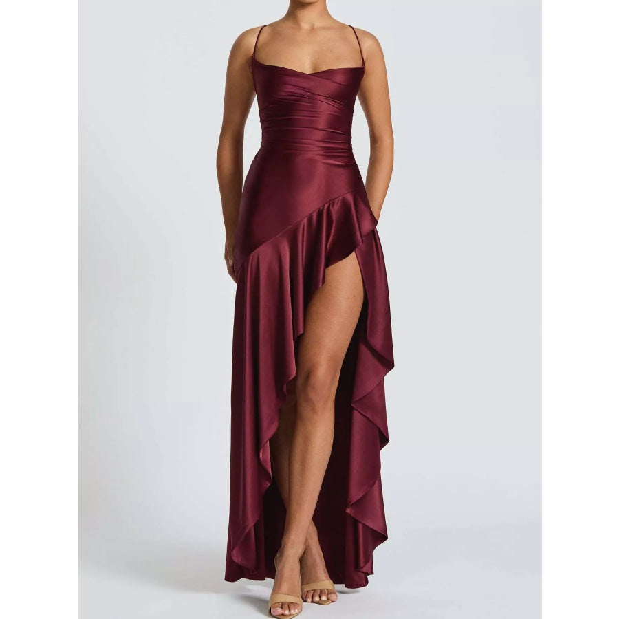High-Low Ruffle Hem Evening Dress Burgundy / S Apparel and Accessories