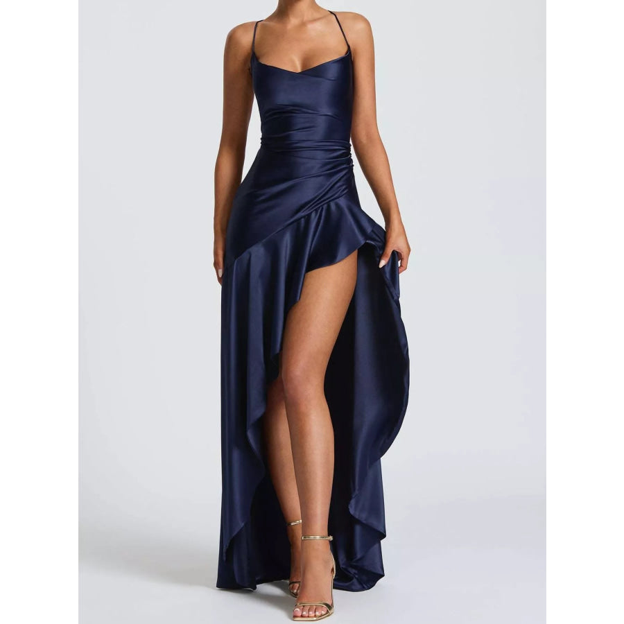 High-Low Ruffle Hem Evening Dress Dark Blue / S Apparel and Accessories