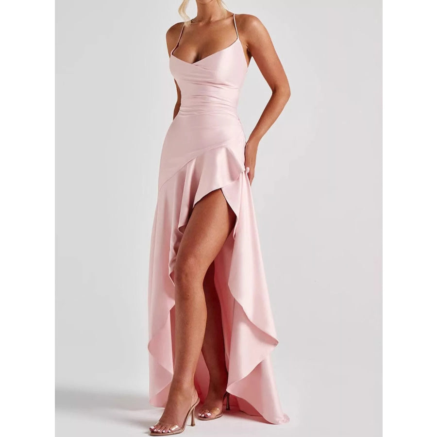High-Low Ruffle Hem Evening Dress Pink / S Apparel and Accessories