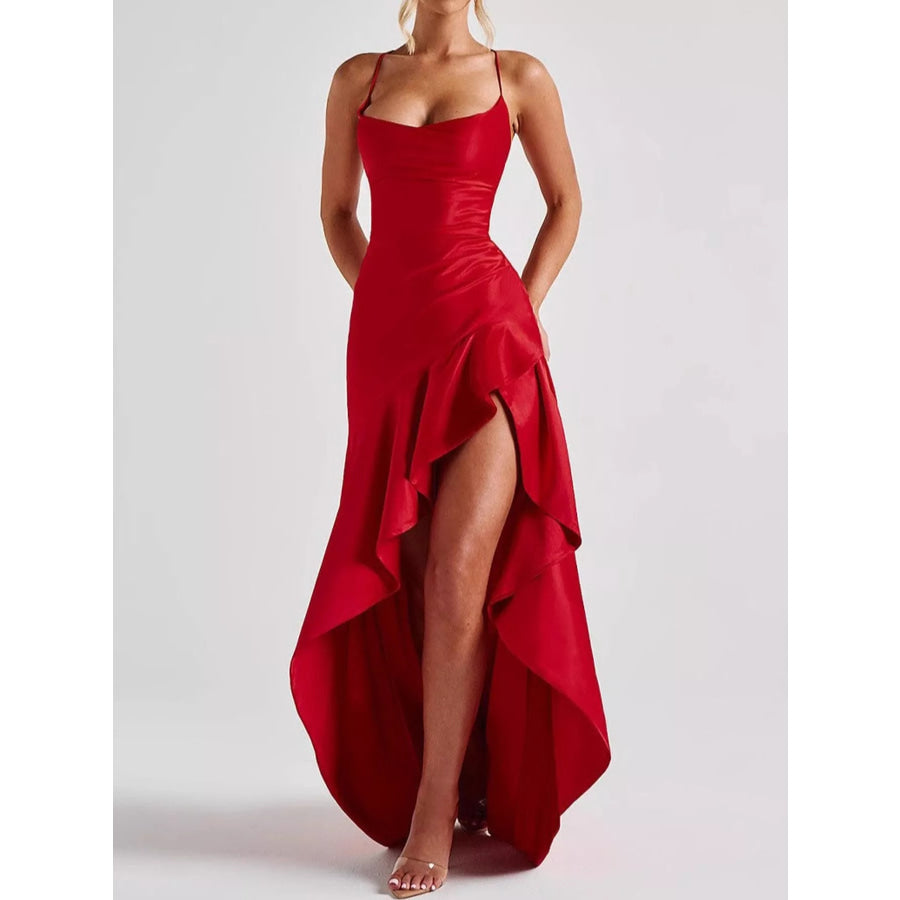 High-Low Ruffle Hem Evening Dress Red / S Apparel and Accessories